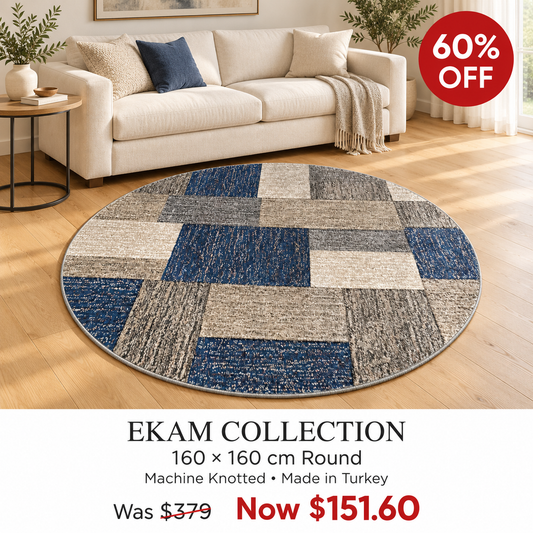 Ekam Navy Neutral Blocks 160cm round machine knotted rug, made in Turkey — styled room visualisation, 60% off