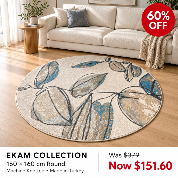 Ekam Blue Taupe Leaves 160cm round machine knotted rug, made in Turkey — styled room visualisation, 60% off