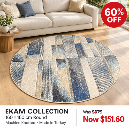 Ekam Blue Neutral Rectangles 160cm round machine knotted rug, made in Turkey — styled room visualisation, 60% off