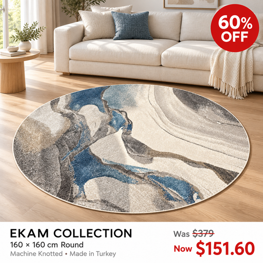 Ekam Blue Grey Abstract 160cm round machine knotted rug, made in Turkey — styled room visualisation, 60% off