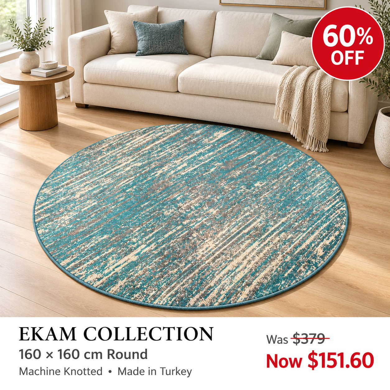Ekam Turquoise Distressed 160cm round machine knotted rug, made in Turkey — styled room visualisation, 60% off
