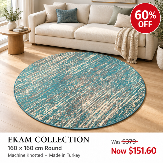 Ekam Turquoise Distressed 160cm round machine knotted rug, made in Turkey — styled room visualisation, 60% off