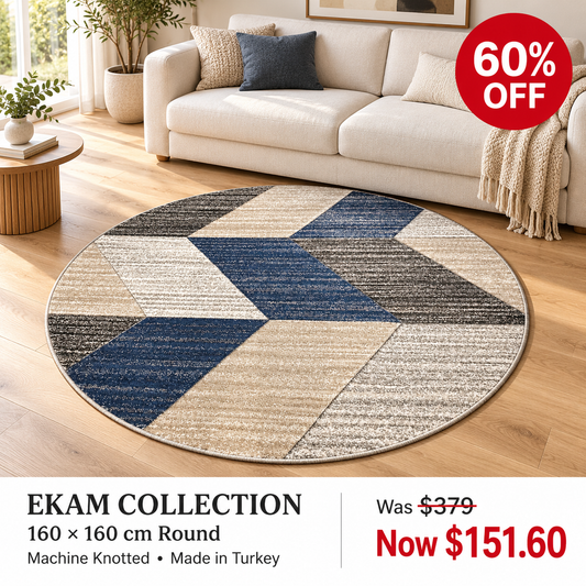 Ekam Navy Neutral Chevron 160cm round machine knotted rug, made in Turkey — styled room visualisation, 60% off