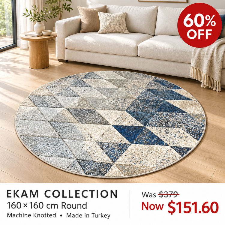 Ekam Blue Neutral Triangles 160cm round machine knotted rug, made in Turkey — styled room visualisation, 60% off