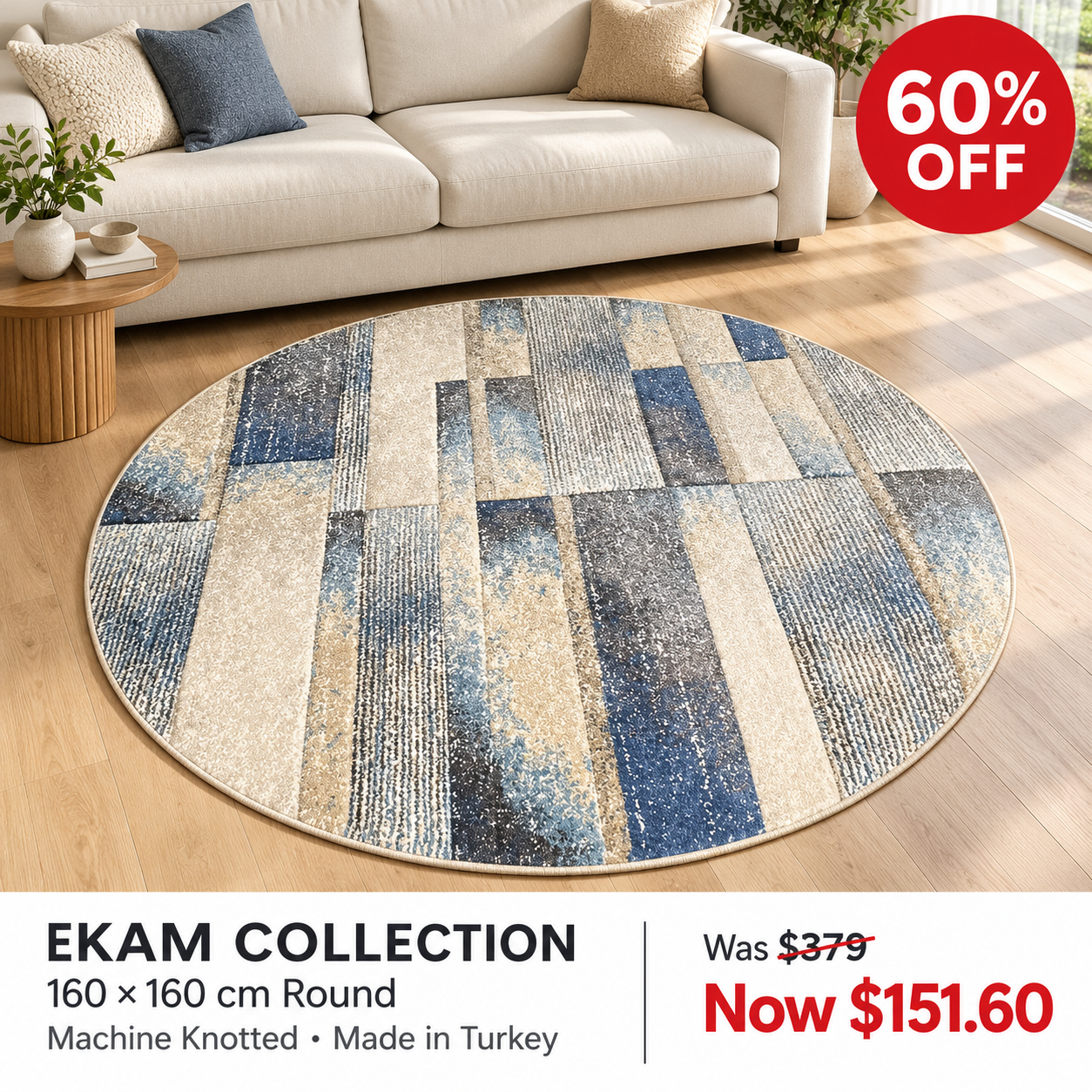 Ekam Blue Neutral Rectangles 160cm round machine knotted rug, made in Turkey — styled room visualisation, 60% off